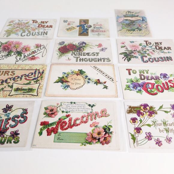 Lot 12 Antique Early 1900s Luck Friendship Cousin Floral Greeting Card Postcards - Picture 3 of 4